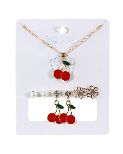 Gold necklace with cherrypendant
cherry earrings
flower diamond earrings
pearl earrings