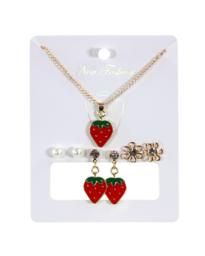 Gold necklace with strawberry pendant
Strawberry earrings
flower diamond earrings
pearl earrings