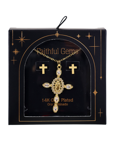 Faithful Gems 14k Gold Plated Crucifix Necklace Earrings Jewelry