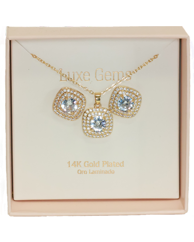 "XIME" Gold Rhinestone Square Halo Neacklace and Earring Set