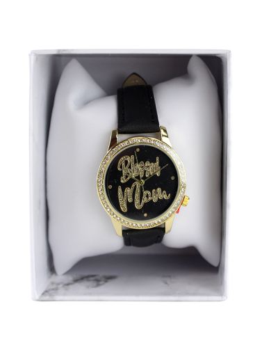 “Global Time” Women’s Rhinestone Gold Tone “Blessed Mom” Quartz Wrist Watch
