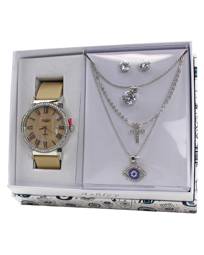 "Royal Time" Rhinestone Cross Evil Eye Watch Jewelry Set