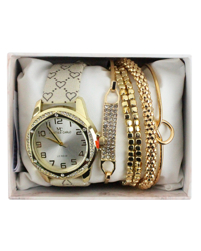 "Akzan" Pleather Heart Print Watch and Bracelets Boxed Set