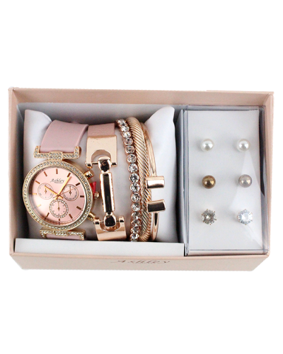 "Royal" Pink Rhinestone Watch, Bracelet, and Earrings Boxed Set