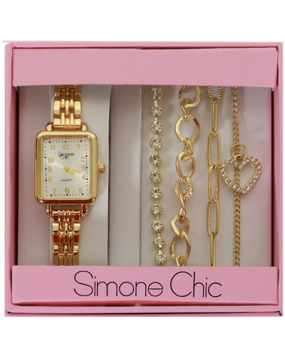 "ROYAL TIME" Gold Tone Square Dial with 4 Heart Bracelet Set