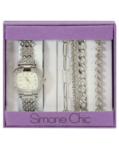 "ROYAL TIME" Silver Tone Square Dial with 4 Bracelet Set