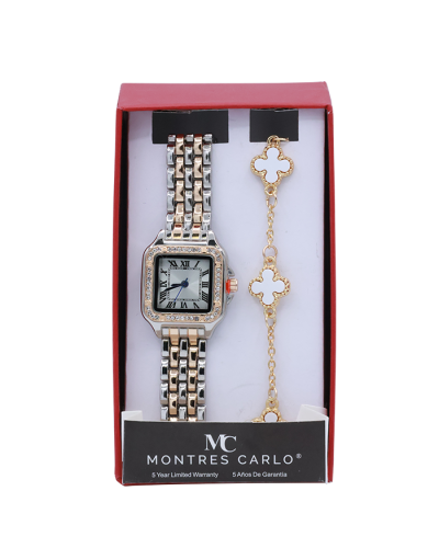 Gold Silver Tone Rhinestone Square Quartz Watch Clover Bracelet