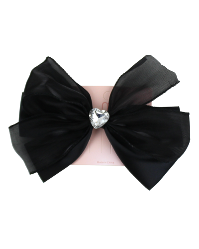 The "Odin" Rhinestone Heart Jewel Black Hair Bow is pictured here.