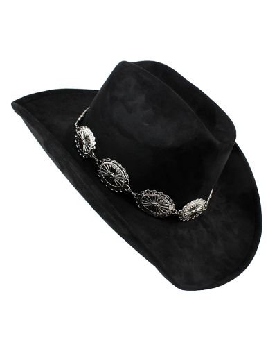 The black "Illuma" Silver Metal Belted Cowboy Hat is pictured here.