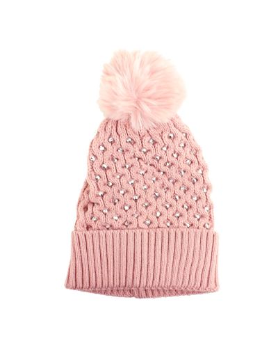 Pictured here is the pink "Forever Fashion" Rhinestone Pom Knit Beanie.