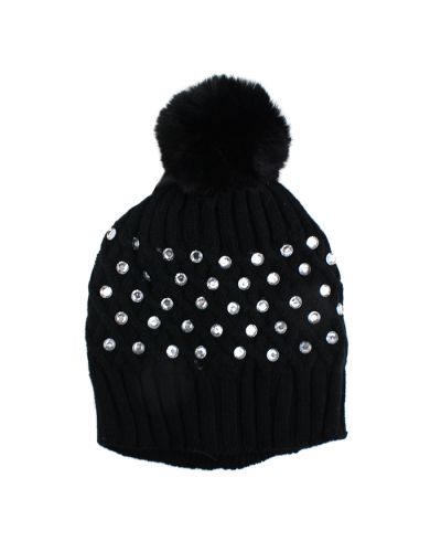 The black "Forever Fashion" Rhinestone Quilt Pattern Pom Knit Beanie is pictured here.