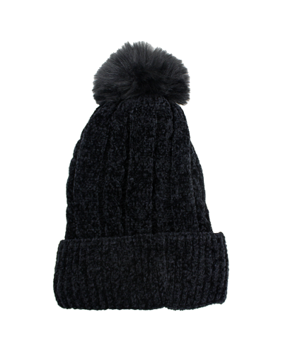 The black "Nuri Solid" Cable Knit Pom Beanie is pictured here.