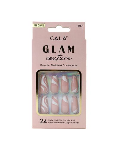 Pictured is the “Cala” Medium Length Coffin Shape Swirl Design Glue on Nails.