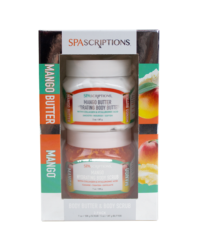 The mango "Global" Spascriptions Body Butter and Scrub Set is pictured here.