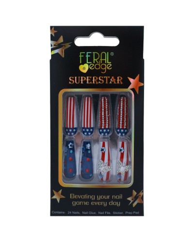 "FERAL" STARS/STRIPES LONG COFFIN SHAPE NAILS