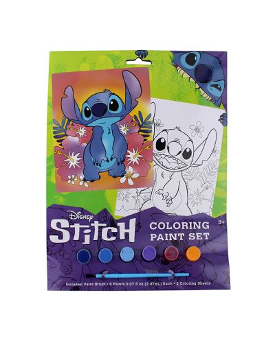 Pictured is the "UPD" Stitch Poster Paint Set with pre-printed poster images with a brush and six paints, including shades of blue, purple, red, and yellow.