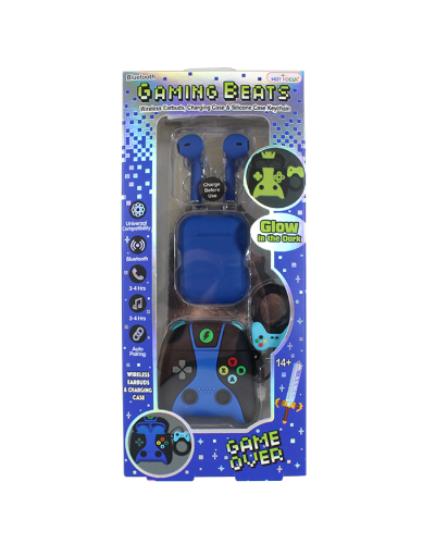 "Hot Focus" Gaming Beats Wireless Earbuds, Charging Case Set and protective silicone jeychain case designed to look like a controller for a gaming console.