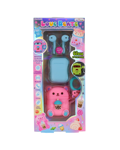 Front of Love Beats Glow in the Dark Gummy Bear wireless bluetooth ear buds with charging case and protective silicone keychain case designed to looks like a beat holding a beverage.
