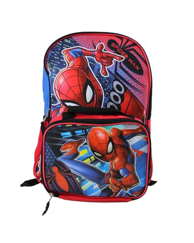 The "Bioworld" Spiderman Backpack with Detachable Lunchbox is pictured in a comic-style print.