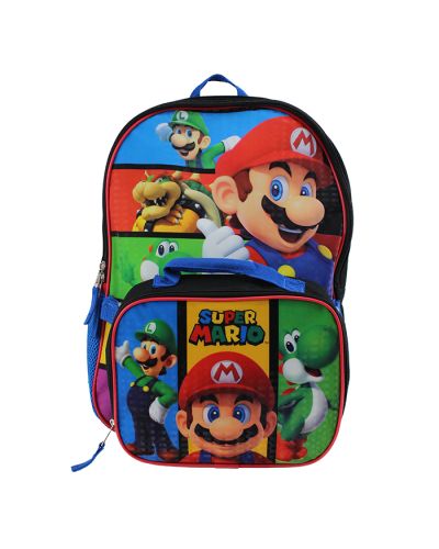 The "Bioworld" Super Mario Backpack with Detachable Lunchbox with Luigi, Mario, Yoshi, and Bowser with multicolored blocks is pictured here.