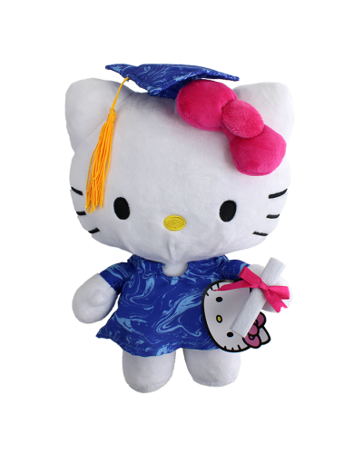 The marble blue "Fiesta" Hello Kitty Graduation Plushie is pictured here.
