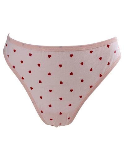 The "Rene" Pink Heart Print Thong Panties are pictured here.