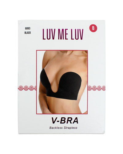 The "Joia" Black V-Backless Adhesive Bra is pictured here.