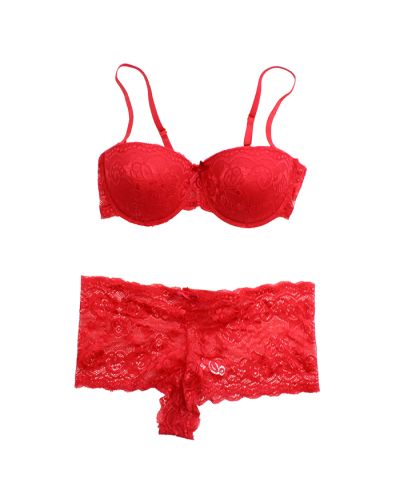 The red "Inteco" Lace Bra and Panties Set is pictured here.