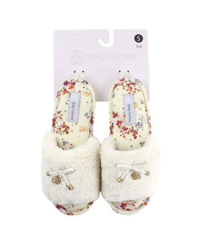 The "Daisy Fuentes" Beige Floral Faux Fur Slippers are pictured here.