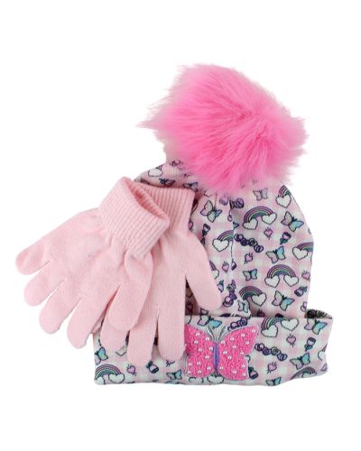 "OMG" Butterfly Pom Beanie and Gloves Set