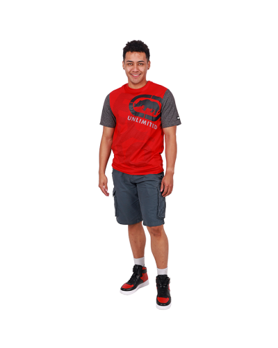 The male model pictured wears our red and grey "Ecko" Short Sleeve V-Neck Full Front Screen Print Tee with the grey  "Raw X" Cargo Pocket Twill Shorts and finished with the red and black "Forever" High Top Pleather Lace Up Velcro Sneakers.