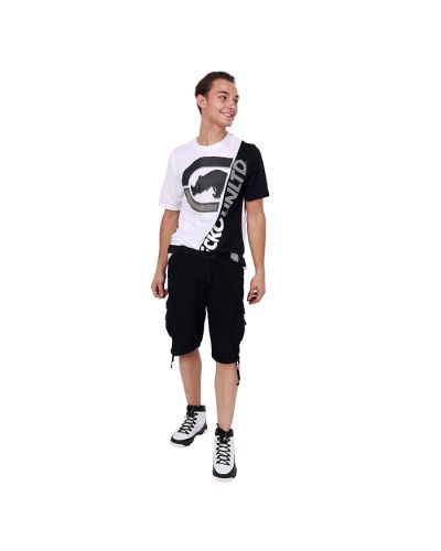 The male model pictured wears our black and white "Ecko" Short Sleeve Diagonal Screen Printed Tee, black "Raw X" Cargo Pocket Twill Shorts, and our black and white "Air" High Top Lace Up Sneakers.