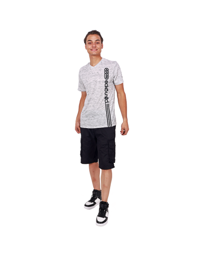 The male model pictured wears the grey and black "Ecko" Short Sleeve V-Neck Vertical Speckled Screen-Printed Tee, black "South Pole" Twill Elastic Cargo Shorts, and the black and white "Forever" High Top Pleather Lace Up Velcro Sneakers. 