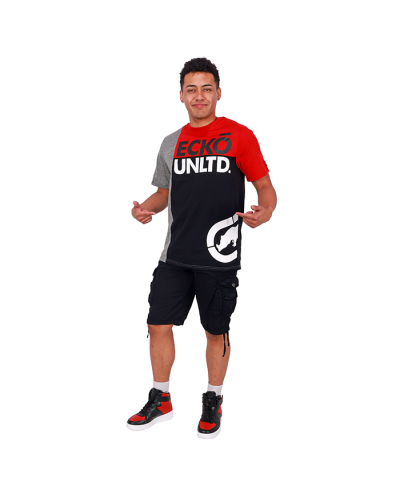 The male model wears our "Ecko" Short Sleeve Crew Color Block Tee paired with our black "Raw X" Twill Cargo Pocket Shorts finished with our black, red, and white "Forever" High Top Pleather Lace Up Velcro Sneakers.