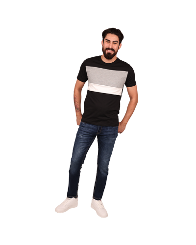 The male model wears the "Denim" Short Sleeve Black, Grey, and White Color Block Tee, "Rags + Rivets" Dark Wash Heavy Stitching Denim Straight Leg Jeans, and the "Air" Low Top Court Lace-up Pleather Athletic Sneakers.