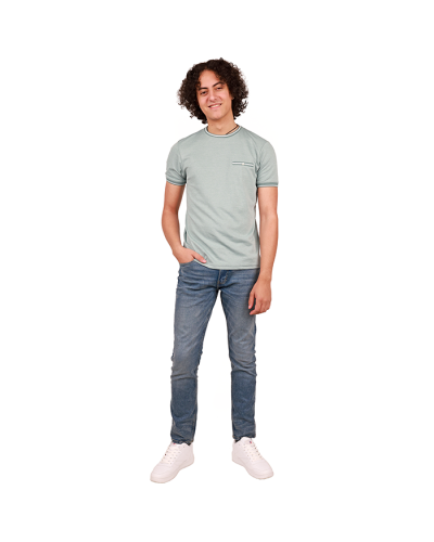 The male model wears the "Denim" Short Sleeve Teal Front Button Pocket Tee, "Cultra" Light Wash Denim Straight Leg Jeans, and the white "Air" Low Top Court Lace-up Pleather Athletic Sneakers.