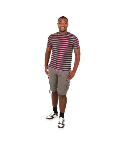 The male model wears the pink and grey "MC Sleeve Striped Tee, grey "Raw X" Belted Cargo Shorts, and the black and white "Forever Top Pleather Lace-up Sneakers.