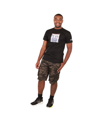 The male model wears the black "Sasco" Short Sleeve Doberman Graphic Tee, camo "South Pole" Twill Elastic Waist Drawstring Cargo Shorts, and the black "Air" Nylon Jogger Athletic Sneakers.