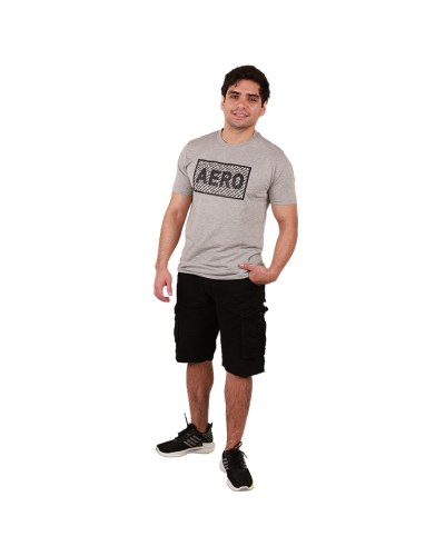 The male model wears a grey "Aero" Short Sleeve Graphic T-Shirt, black "Raw X" Cargo Pocket Belted Shorts, and black "Air" Nylon Jogger Running Athletic Shoes.