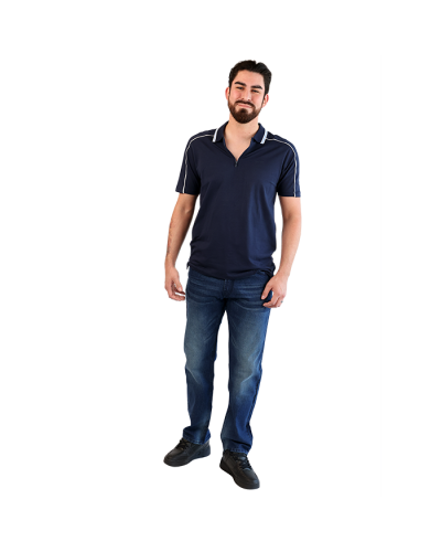 The male model wears the navy "Tahari" Short Sleeve Cotton Spandex Zip Piping Polo Shirt, dark wash "Cultura" Skinny Stretch Denim Jeans and the black "Air" Solid Pleather Lace-up Low Top Athletic Sneakers.