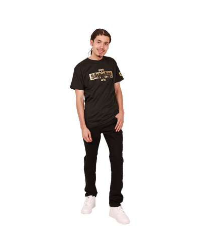 The male model wears the black "CR-24" Short Sleeve Savage Bear Tee, "Cultura" Black Straight Leg Denim Jeans, and the white "Air Low Top Court Lace-up Pleather Athletic Sneakers."