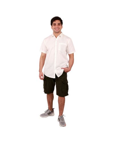 The male model wears the "STEXT" Short Sleeve Solid White Button-Down Dress Shirt, green "Raw X" Cargo Pocket Belted Shorts, and grey "Air" Nylon Jogger Running Athletic Shoes.