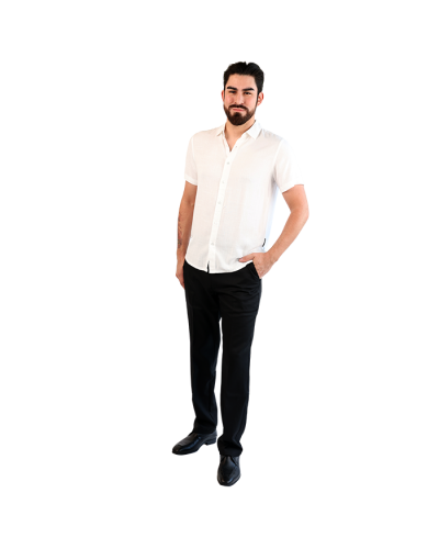 The male model wears the white 