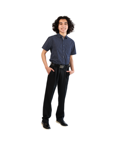 The male model wears the navy 