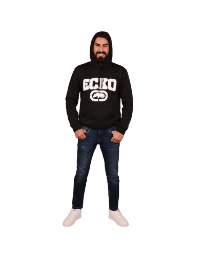 The male model wears the "Ecko" Pull-Over Fleece Puff Screen Hoodie, "Rags + Rivets" Dark Wash Heavy Stitching Denim Straight Leg Jeans, and "Air" Low Top Court Lace-up Pleather Athletic Sneakers.