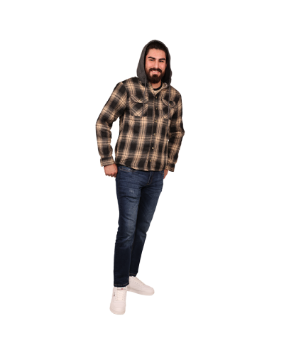 The male model wears the "Yoki" Plaid Flannel Sherpa Lined Zip-Up Jacket, with the "Denim" Short Sleeve White & Sand Striped Tee, "Rags + Rivets" Dark Wash Heavy Stitching Denim Straight Leg Jeans, and white "Air" Low Top Court Lace-up Pleather Athletic S
