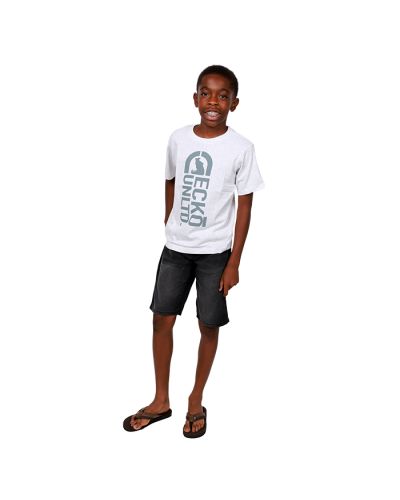 Pictured is a boy wearing a white"Ecko" Short Sleeve Vertical Rhino Tee with the logo in grey. This is paired with black dark-wash denim shorts and thong sandals.