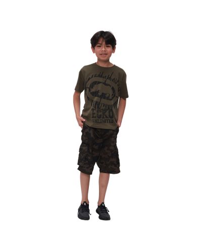 Pictured is a boy wearing a green "Ecko" Short Sleeve Scribble Rhino Printed Tee with cargo shorts and black athletic shoes.