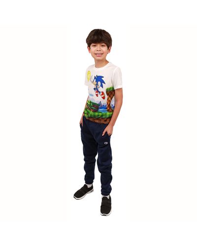 The boy model wears the "Freeze" Sonic the Hedgehog Short Sleeve Tee, "Champion" Fleece Jogger Pants, and "Air" Elastic Lace Sneakers.
