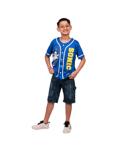 The boy model wears the blue "Freeze" Sonic Short Sleeve Button-Down Baseball Tee, indigo "True Indigo" Denim Cargo Shorts, and white "Air" Lace-up Jogger Athletic Sneakers.
